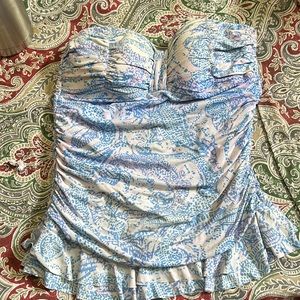 Women’s Blue & White Ruched Strapless Swimdress